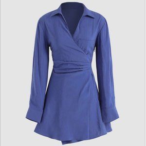 Solid Surplice Neck Mini Dress - Blue NWT (S)